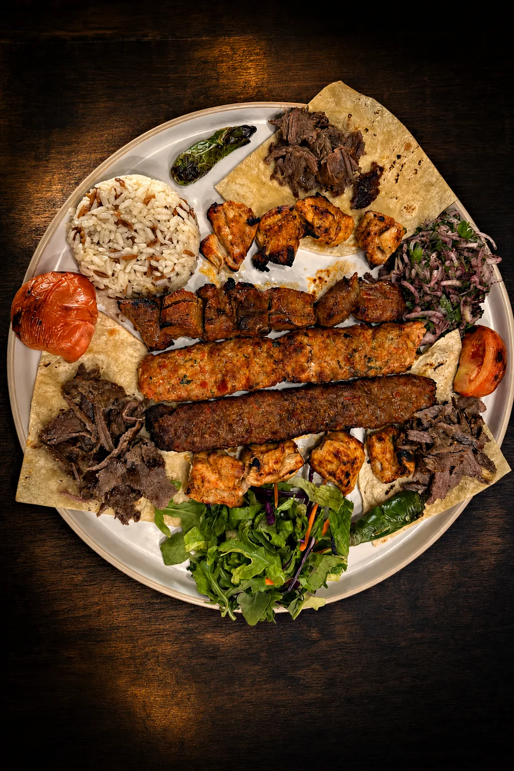 Mix grill platter with adana kebab, chicken shish, döner, rice and salad